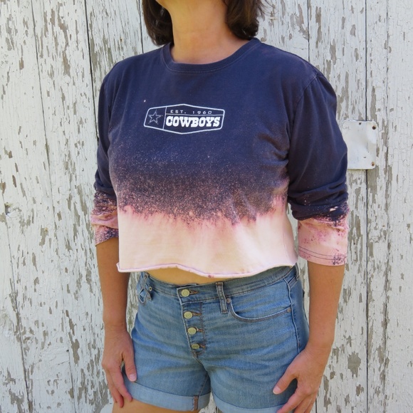 Cowboys Tops - Dallas Cowboys Bleach Ombre Long Sleeve Crop Tee M